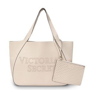 NWT Victoria's Secret Laser-Cut Cream Logo Tote With Matching Wristlet